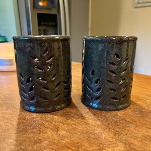 Allen + Roth Ceramic Fern Cut Out Candle Holders Set of 2 Teal/Chocolate